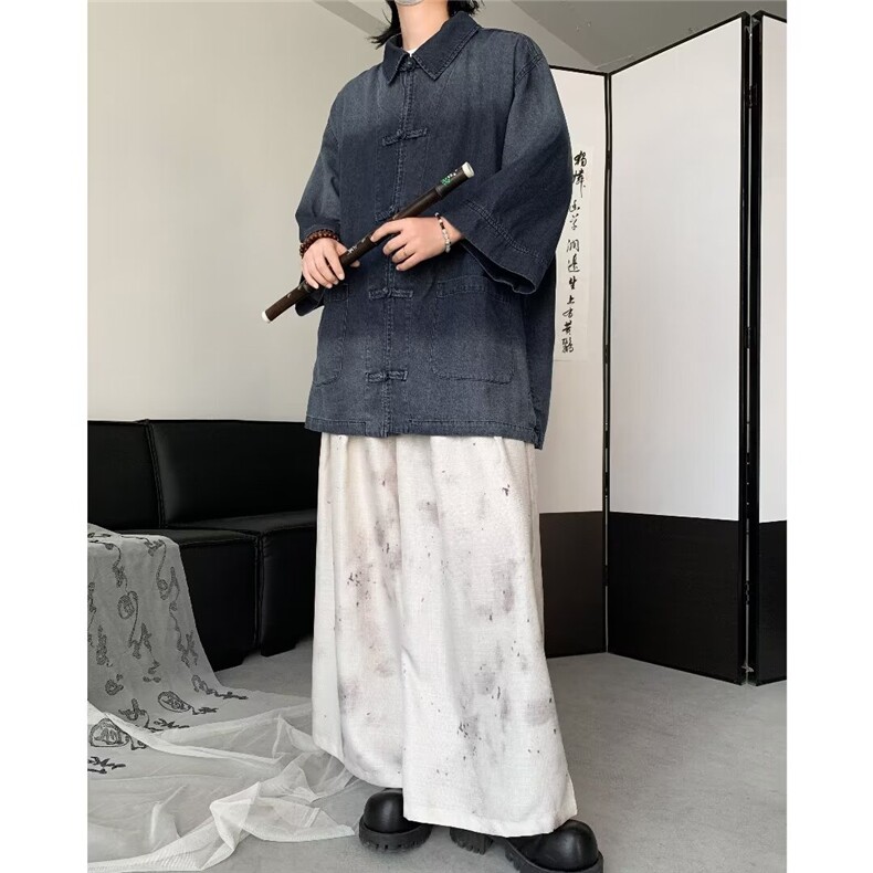 复古民族风盘扣水洗牛仔短袖衬衫男宽松新中式工装衬衣N9866-p65,男装衬衫,星座1008