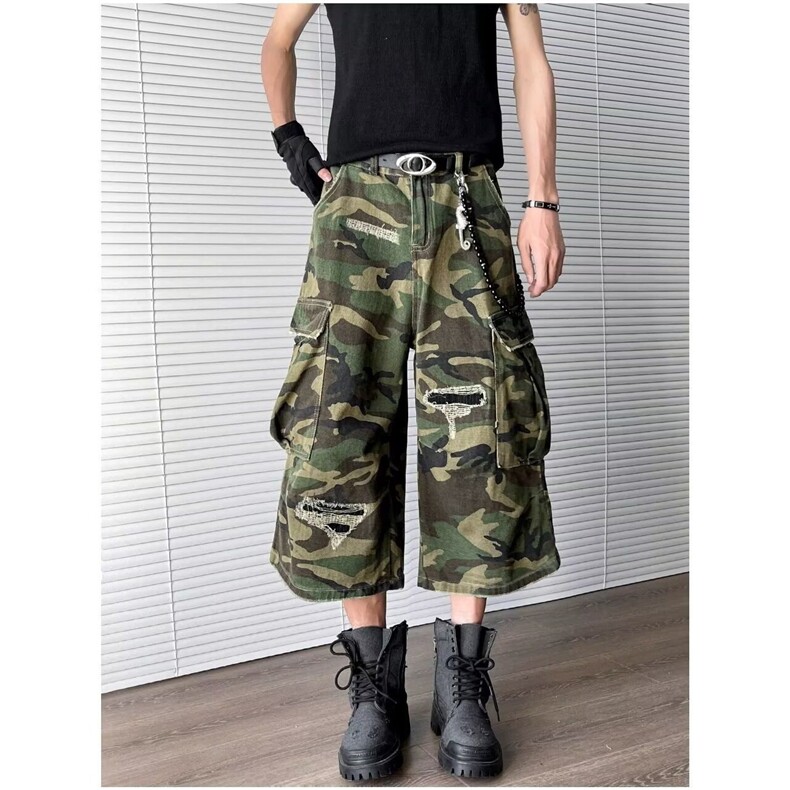 破洞迷彩美式多口袋工装牛仔短裤男士宽松休闲vibe风阔腿七分裤子图片