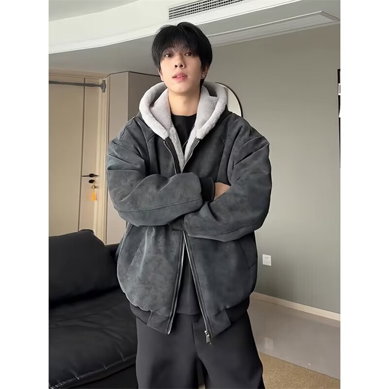 荔枝纹PU皮棉衣座山雕加绒夹棉连帽棉服男女冬季加厚保暖情侣外套,男装棉衣,星座410-7