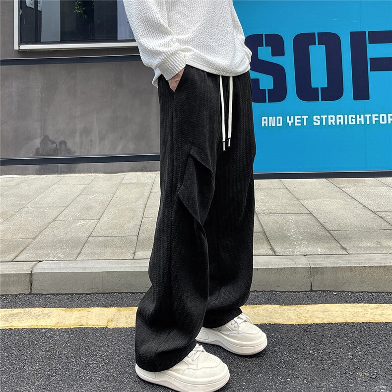 复合面料高克重雪尼尔鱼骨纹褶皱宽松休闲裤K25597/特P38黑,男装休闲裤,电商A094