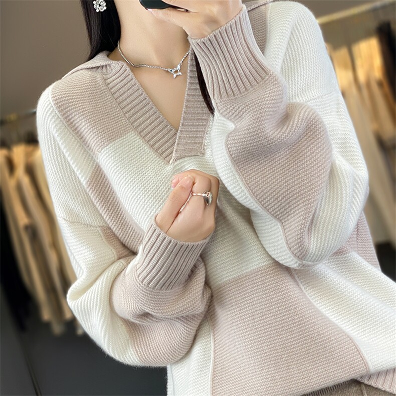 拼色POLO领100%纯羊毛衫女秋冬款长袖毛衣宽松慵懒羊绒衫打底上衣,女装羊毛衫,冀清阳荣