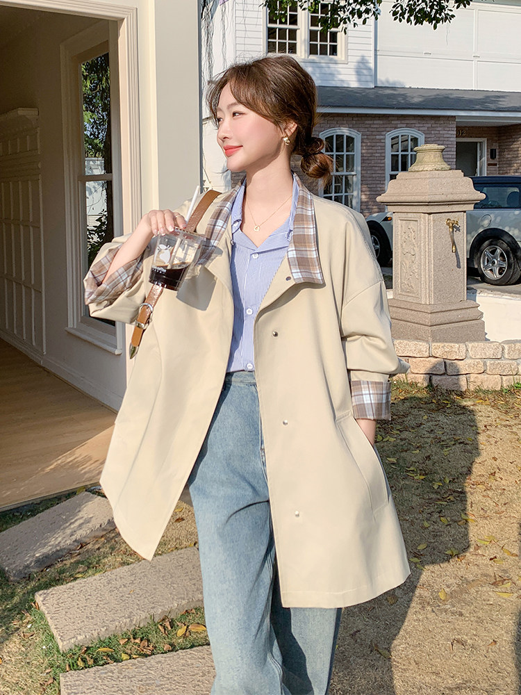 格子拼接风衣外套女春秋2025新款小个子休闲百搭显瘦大衣超火减龄,女装风衣,浙宝A馆126
