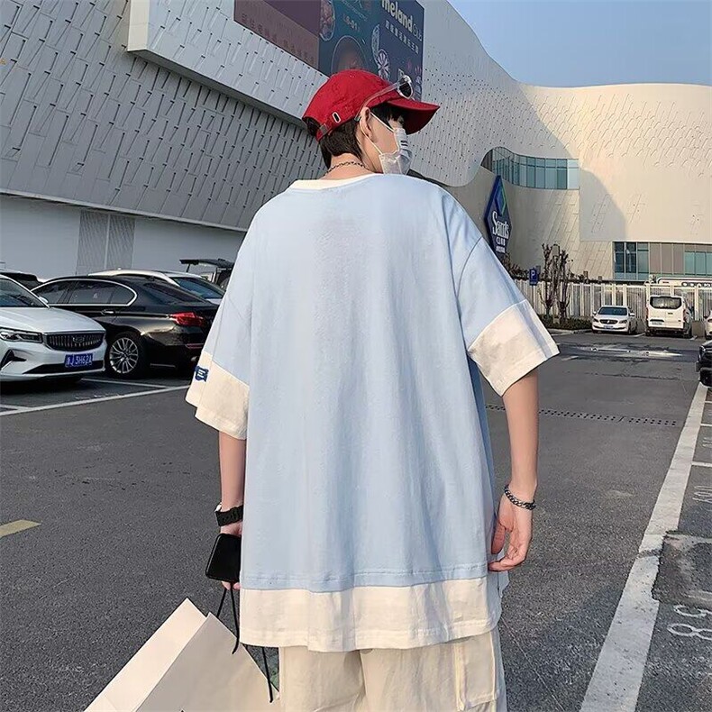 夏季港风假两件短袖T恤男宽松痞帅百搭休闲五分袖上衣,男装T恤,星座410-7