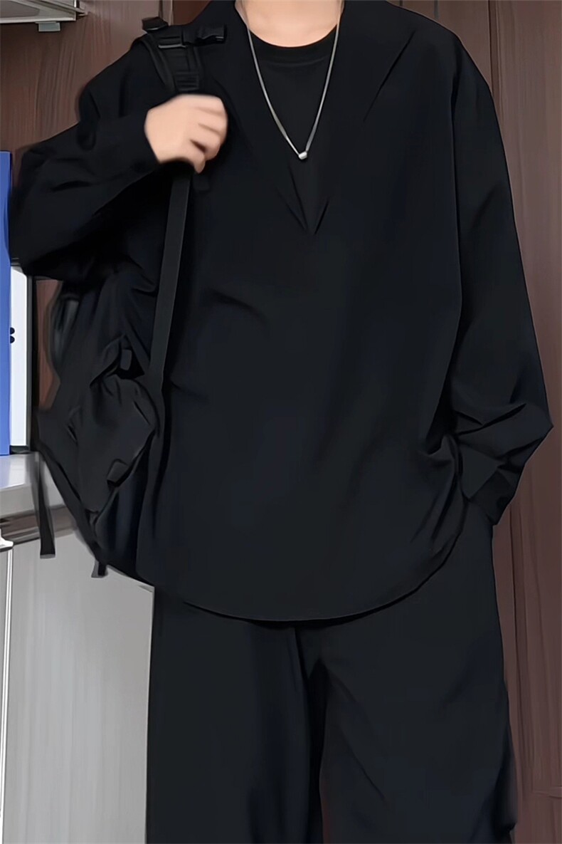 老钱风假两件v领长袖衬衫男款秋季松弛感慵懒风衬衣潮牌美式外套,男装衬衫,电商A141