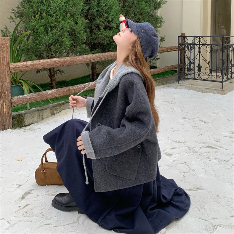 现货新款秋冬新款针织连帽拼接长袖羊绒外套女短款双面羊绒大衣潮,女装毛呢外套,韩然一族