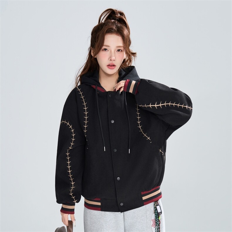 假两件连帽棒球服春季宽松明线刺绣潮流百搭外套XZ309JK8006P95,女装短外套,星座309（原A406）