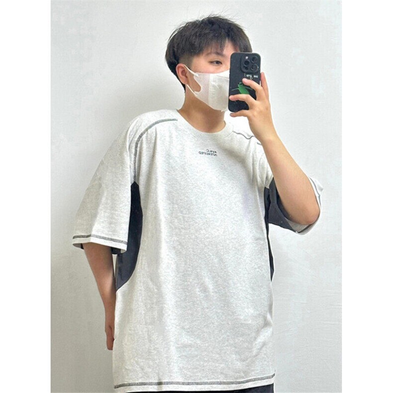 复古潮牌简约字母拼接印花休闲宽松纯棉短袖男女 T555图片