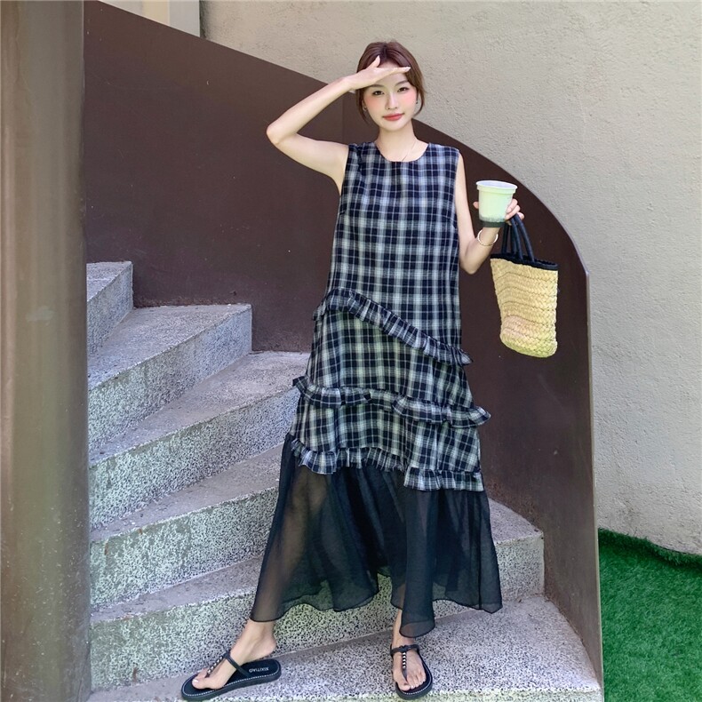 减龄格子木耳边格子黑色无袖背心连衣裙女夏2025新款长裙韩系别致,女装连衣裙,2C277