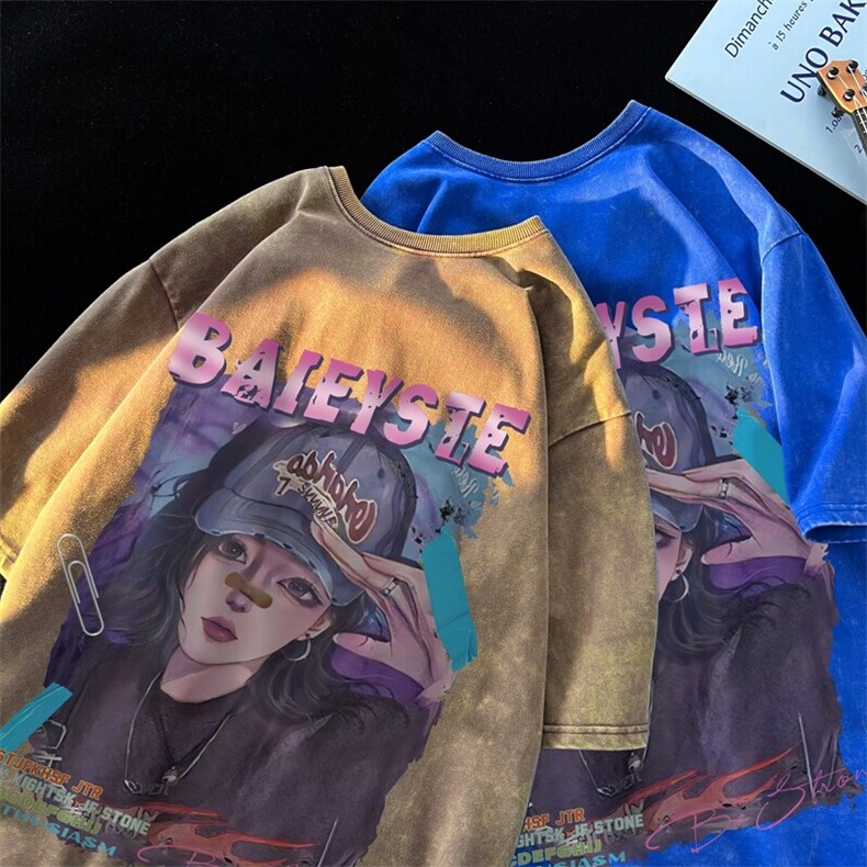 潮牌宽松短袖t恤蜡染美式复古高街水洗做旧517A-2-SX307-P38,男装T恤,星座517A-2