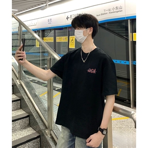 抖音得物 210克现货宽松纯棉美式潮牌印花落肩袖纯棉T恤AT21109图片
