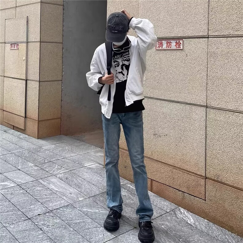 美式复古高街浅蓝色牛仔裤男春秋新款显瘦百搭cleanfit微喇叭长裤,男装牛仔裤,星座506A