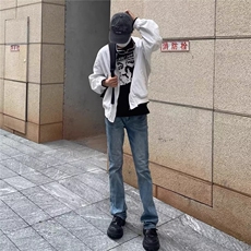 美式复古高街浅蓝色牛仔裤男春秋新款显瘦百搭cleanfit微喇叭长裤，男装牛仔裤，星座506A