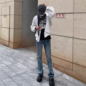 美式复古高街浅蓝色牛仔裤男春秋新款显瘦百搭cleanfit微喇叭长裤图片