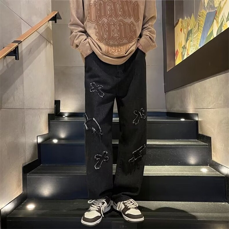 牛仔裤男春秋潮牌贴布直筒裤美式嘻哈街头阔腿长裤子NK548,男装牛仔裤,星座1116A-1（原606A）
