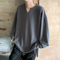 港风日系复古提花慵懒风宽松V领套头长袖T恤XZ213-V001-P35控48，男装T恤，星座213