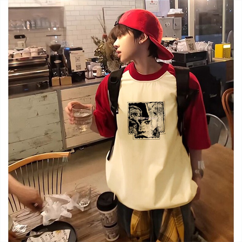 抖音得物高品质二开240克宽松纯棉美式潮牌插肩袖拼接短袖T恤,男装T恤,电商A486