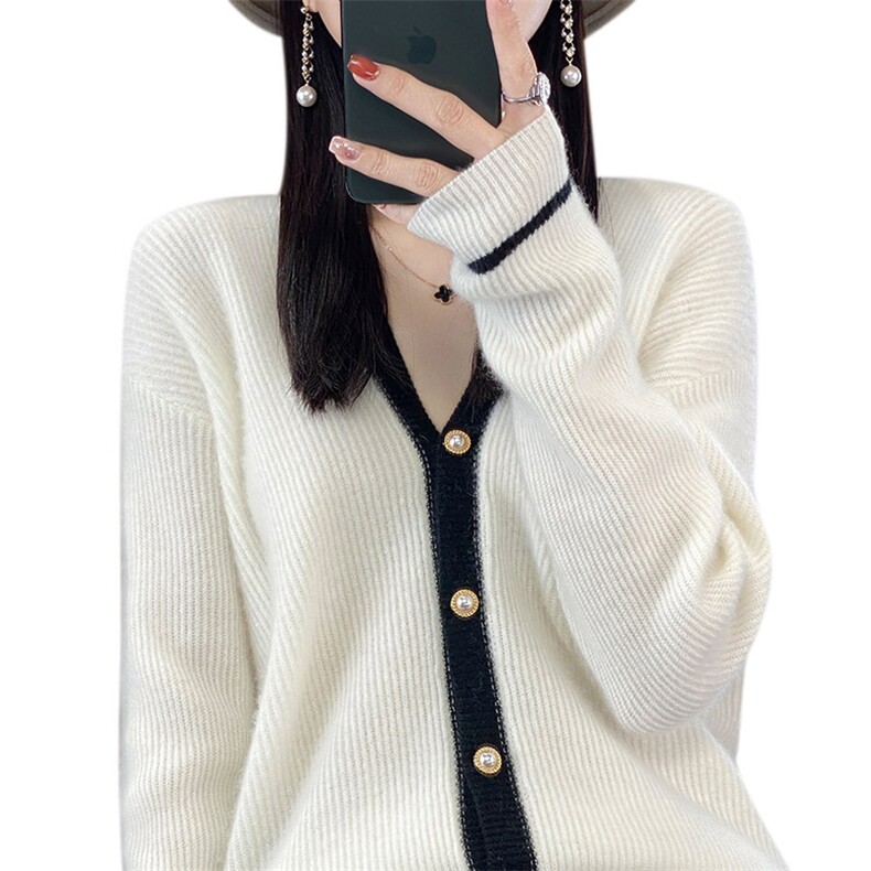2024秋冬新款V领羊毛衫女士宽松显瘦拼色开衫外套毛衣上衣,女装羊毛衫,秋虹羊绒
