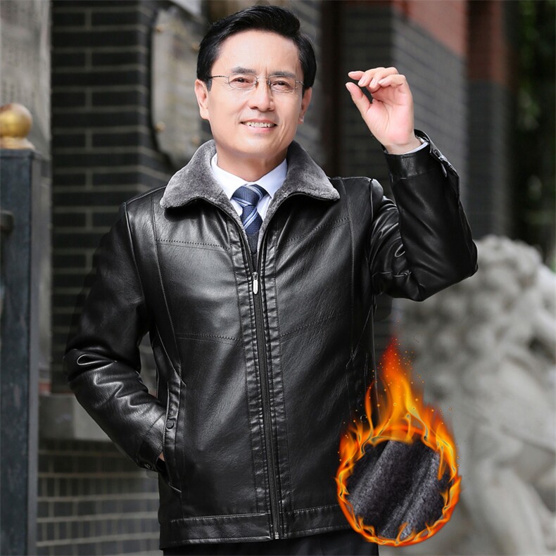 8807/中老年皮衣男爸爸冬季加绒加厚皮夹克休闲商务保暖外套图片