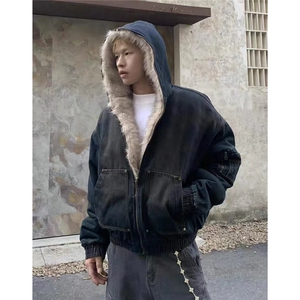 美式连帽牛仔棉服男女水洗重磅座山雕毛领复古加绒加厚夹克外套潮图片