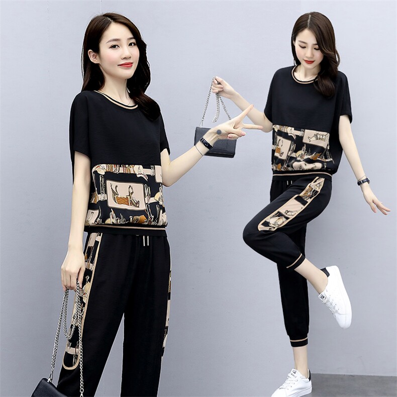 冰丝运动套装夏装2025新款气质女装洋气减龄显瘦休闲九分裤两件套,女装套装/套裙,关键词
