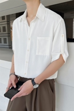23暗条纹垂感冰丝衬衫白男士短袖七分袖宽松衬衣DJ8313P58控88，男装T恤，电商B413