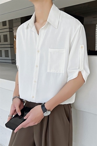 23  暗条纹垂感冰丝衬衫白男士短袖七分袖宽松衬衣DJ8313P58控88图片