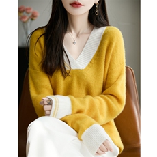 2025年秋季长袖拼色大V领时尚百搭通勤休闲，女装羊毛衫，秋双羊绒