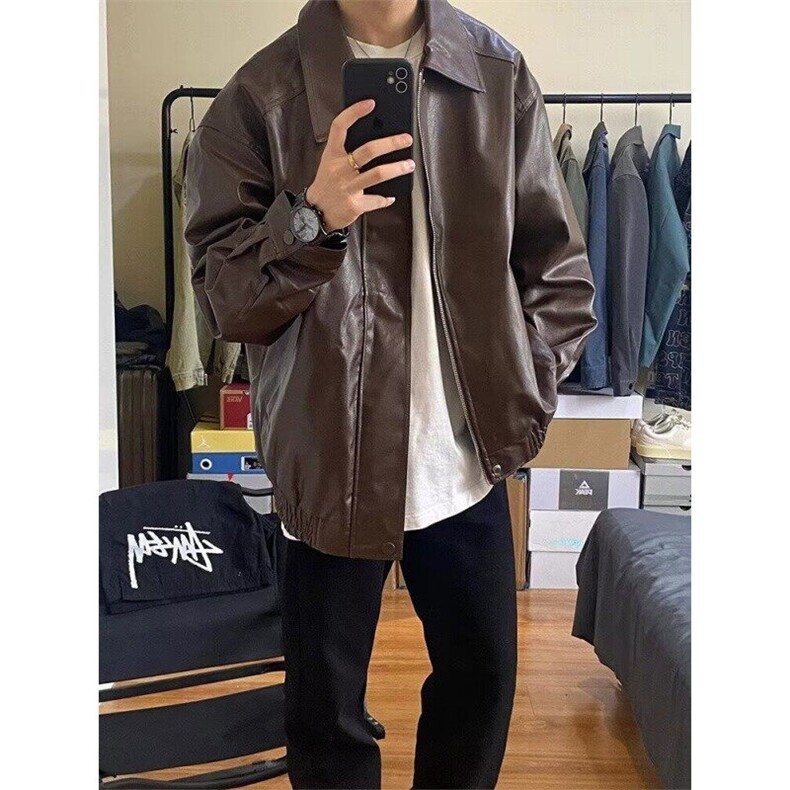 宽松型休闲常规款青少年日系复古pu咖啡色机车皮衣外套男翻领，男装夹克，星座506A