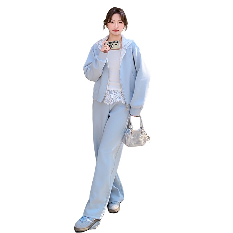 休闲运动蕾丝花边连帽蓝色卫衣套装女春秋洋气高级感阔腿裤两件套,女装套装/套裙,2C166