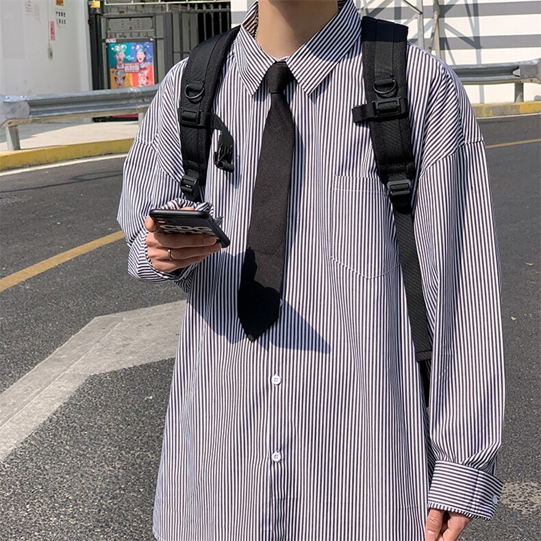 盐系衬衫雾霾蓝轻熟风男装搭配春秋穿搭ins超火服条纹衬衣-C383,男装衬衫,星座601-2