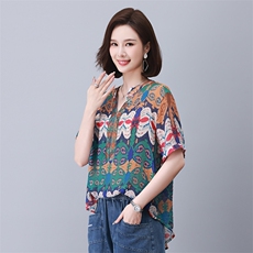 时尚宽松印花镶钻短袖上衣舒适百搭显瘦女装衬衫，女装衬衫，叶笙衣