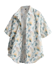 冰丝花衬衫短袖男士夏季潮流宽松港风夏威夷纯棉衬衣7257P45，男装衬衫，电商A056