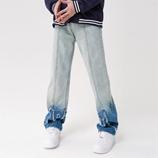潮牌小众设计感毛边拼接渐变牛仔裤男款秋季hiphop高街直筒阔腿裤，男装牛仔裤，星座1013