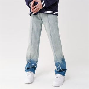 潮牌小众设计感毛边拼接渐变牛仔裤男款秋季hiphop高街直筒阔腿裤图片