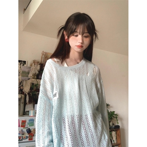 【网图有货】镂空破坏防晒罩衫女薄款针织长袖t恤CX001CC-特P45图片