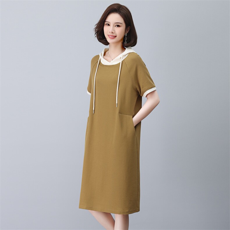 纯棉t恤裙女夏季长款过膝纯色休闲大码连帽连衣裙女显瘦洋气翻领,女装连衣裙,依恋蒂丝