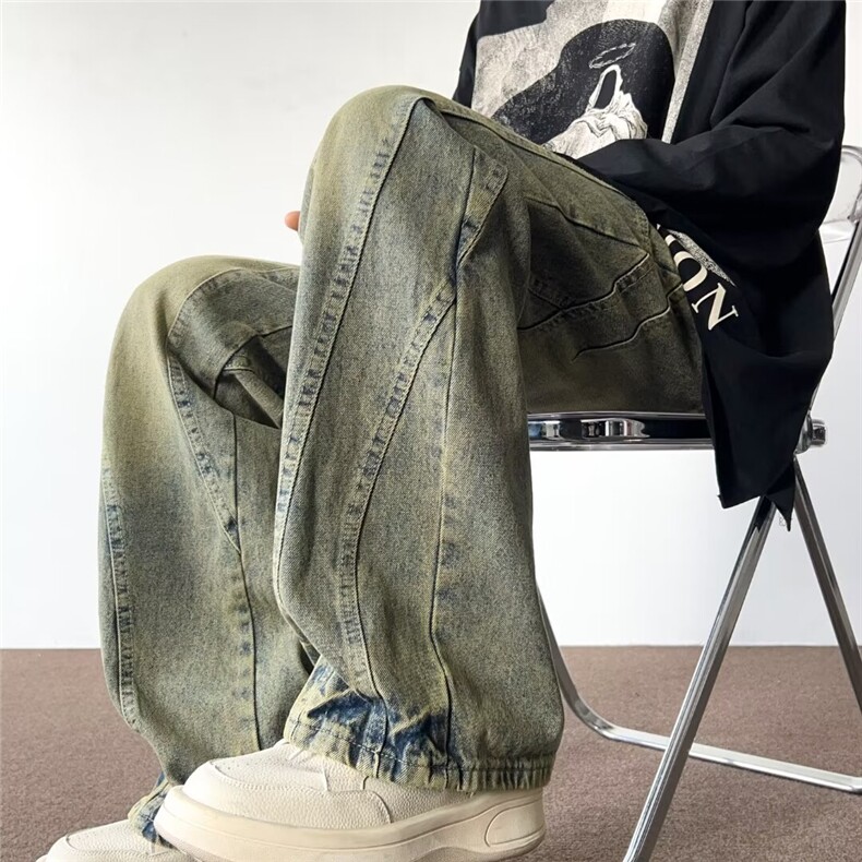 工装牛仔裤男高街黄泥色拼接复古阔腿裤子1001-1-XN869-P50,男装牛仔裤,星座1001-1