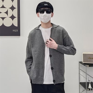春秋韩系翻领开衫毛衣男士时尚简约纽扣针织衫复古休闲百搭薄外套图片