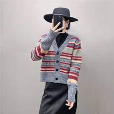 HE|色彩如阳拼色加厚baby山羊绒针织开衫女V领短款宽松毛衣外套，女装针织衫/毛衣，国旺羊绒