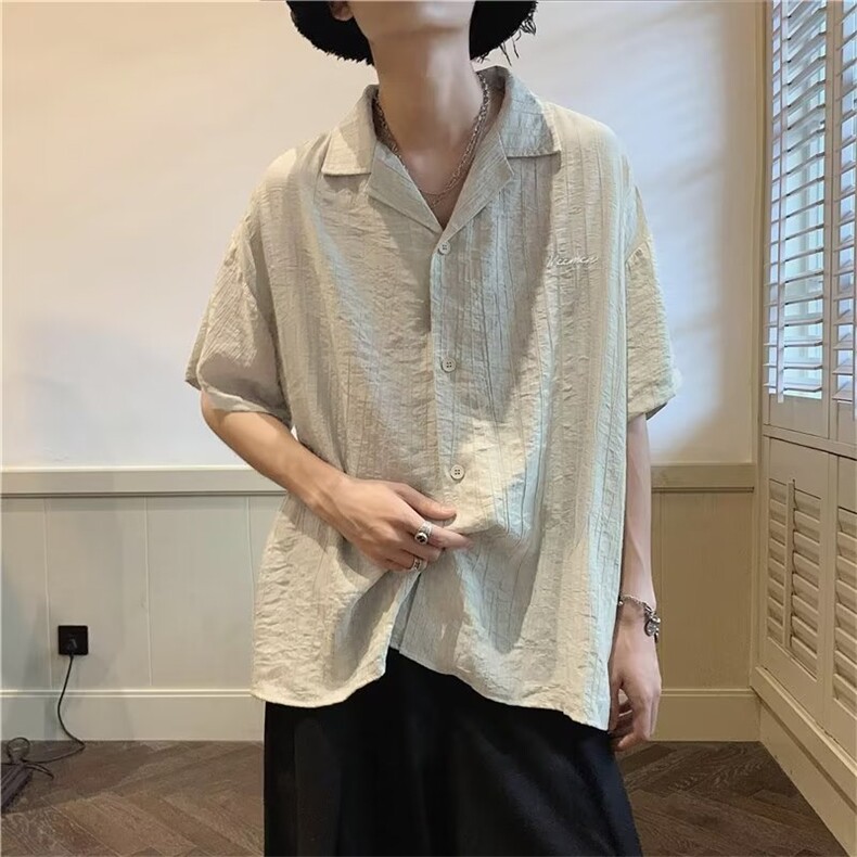 JH2365-P35 短袖衬衫夏季薄款宽松冰丝透视衬衣潮牌暗条休闲外套图片