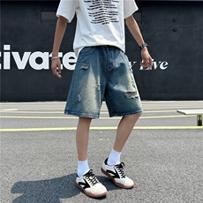 潮牌设计感拼接牛仔短裤男夏蓝宽松马裤休闲五分裤中裤RK2913-P38，男装牛仔裤，星座412-3