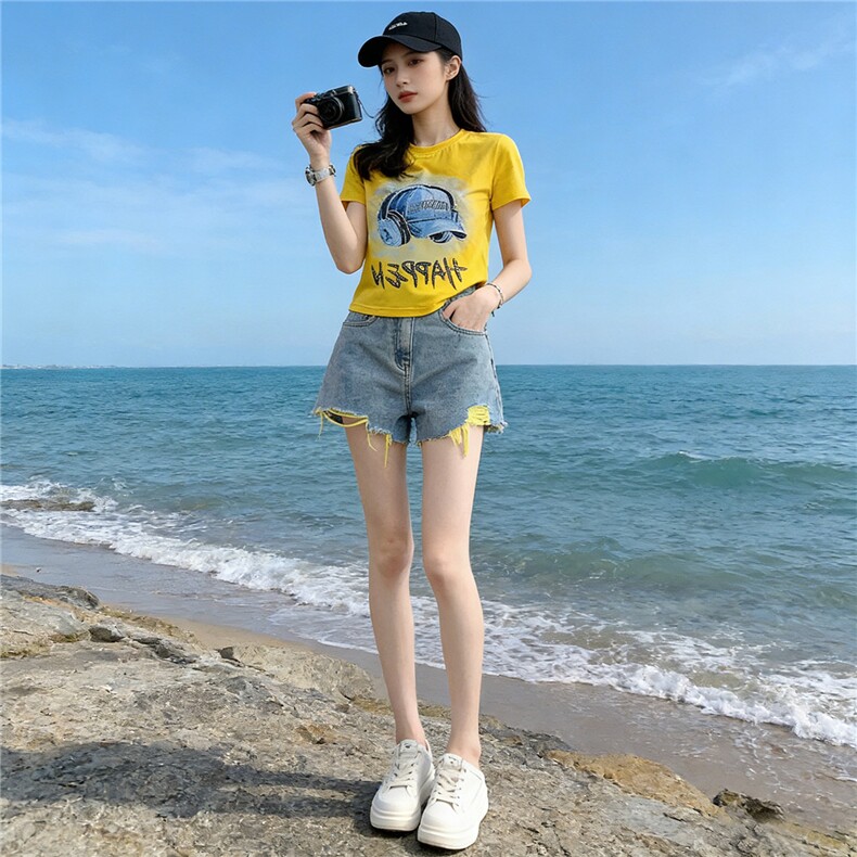 潮流休闲时尚运动套装女夏季新款圆领烫钻印花短袖牛仔短裤两件套，女装套装/套裙，江南