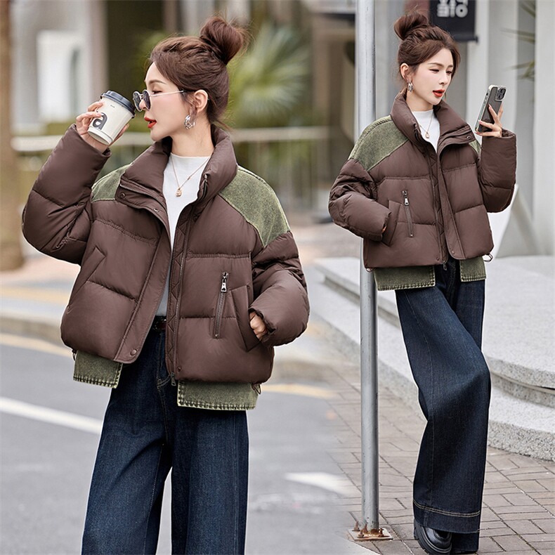 2025冬季新款韩系牛仔拼接短款泡芙羽绒服外套女冬季白鸭绒面包服,女装羽绒服,自然秀
