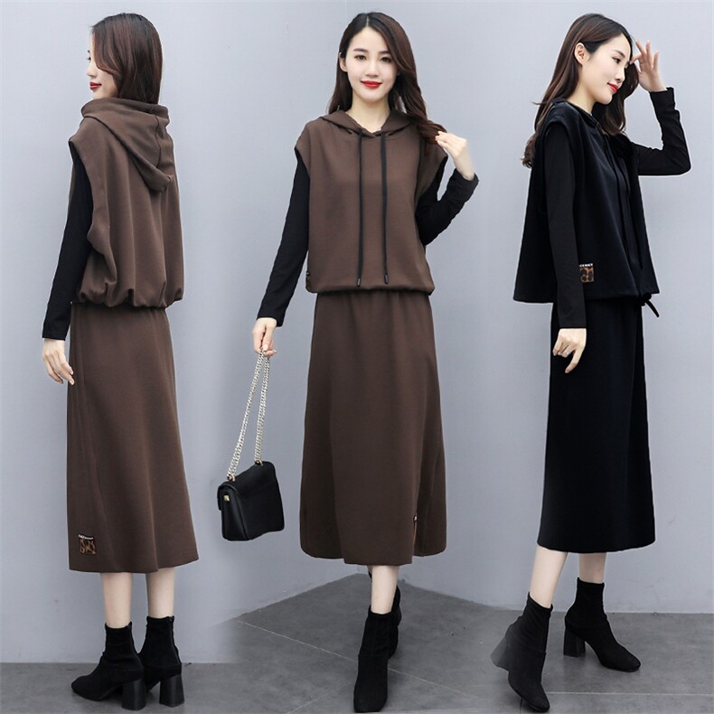 休闲连衣裙女2025春装新款时尚连帽卫衣三件套洋气减龄套装裙春秋，女装套装/套裙，半夏