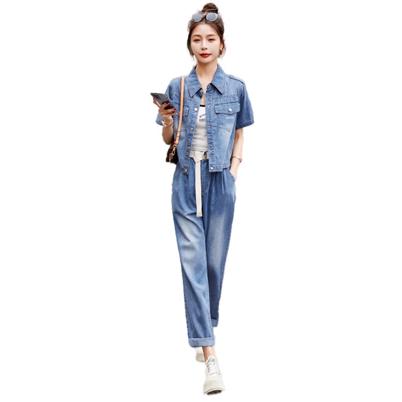 时尚全棉牛仔套装女夏季新款宽松显瘦休闲两件套百搭潮,女装套装/套裙,天丽