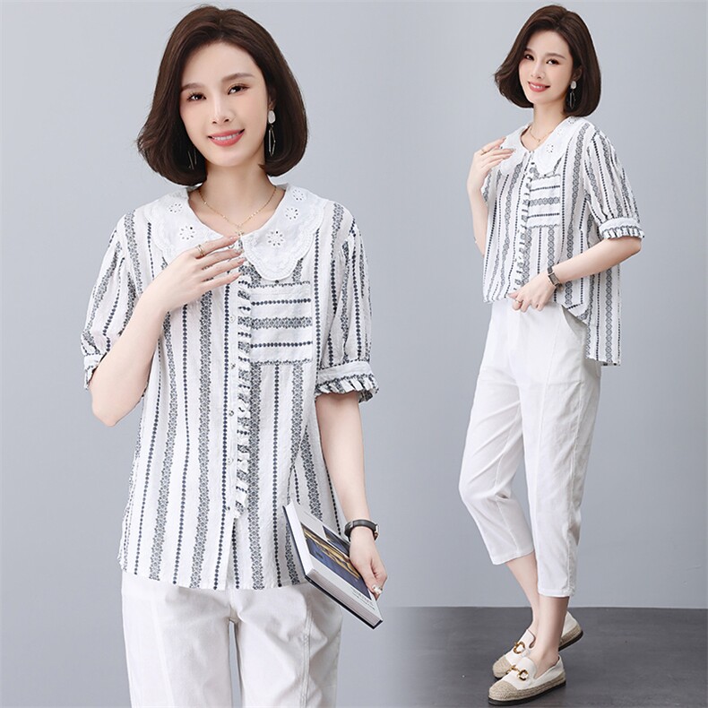大量现货优雅翻领小衫2023夏装新款女士宽松条纹洋气上衣绣花镂空,女装大码女装,奕阳依阁