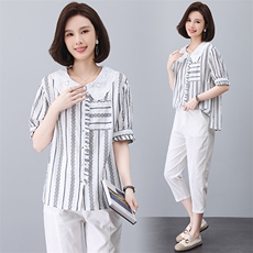 大量现货优雅翻领小衫2023夏装新款女士宽松条纹洋气上衣绣花镂空，女装大码女装，奕阳依阁