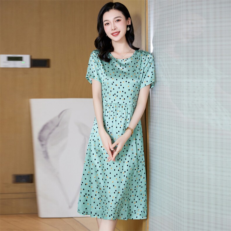杭州真丝连衣裙女2025夏季新款高端桑蚕丝中年妈妈装圆点收腰裙子，女装连衣裙，阿舍尔精品