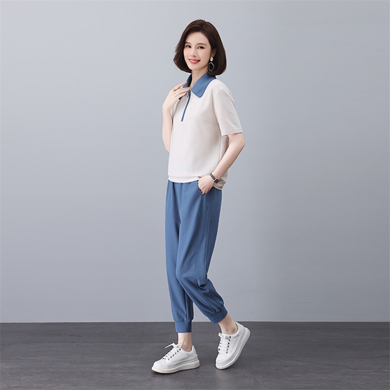 时尚方领撞色拼接T恤套装显瘦百搭休闲两件套,女装套装/套裙,依倍林