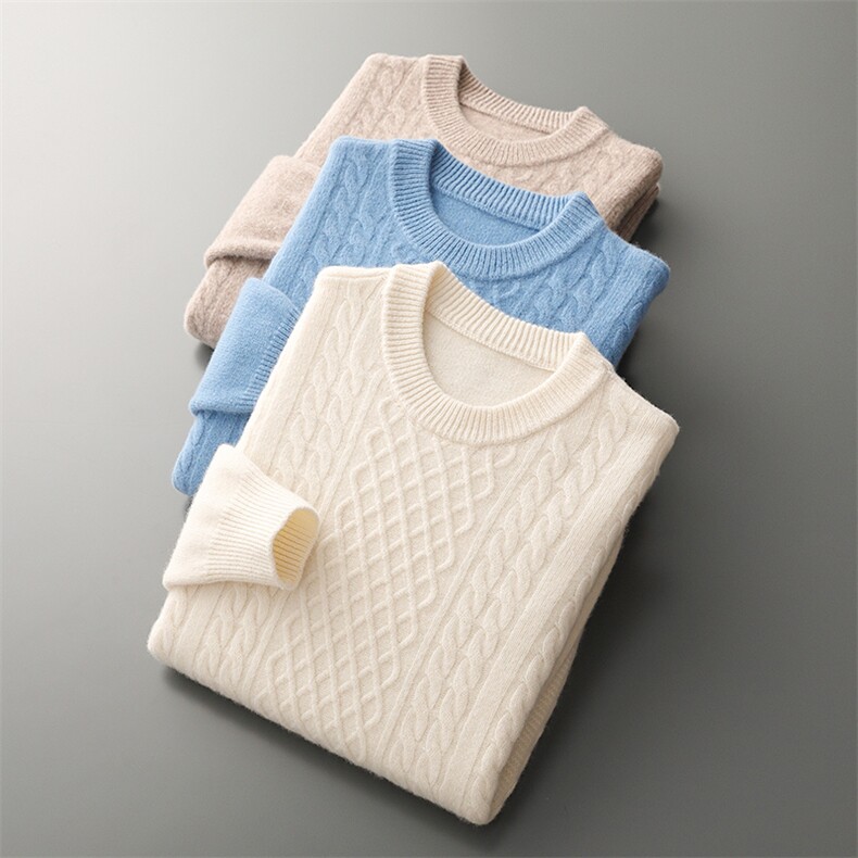 秋冬季新款舒适时尚百搭七针加厚麻花圆领羊毛衫，男装羊毛衫，牧圣羊绒